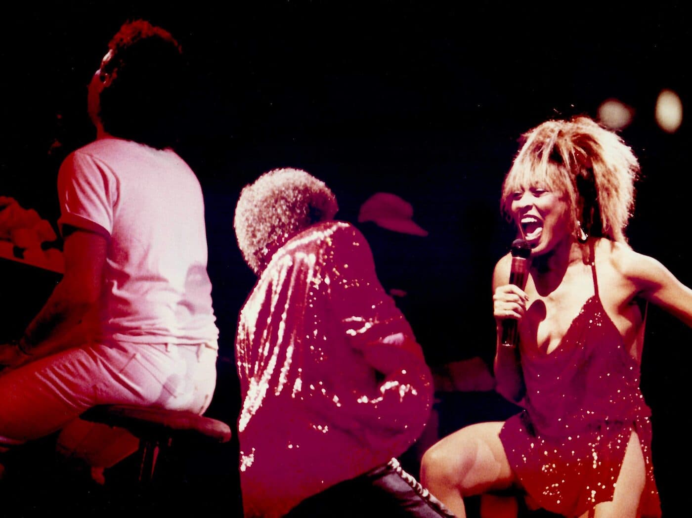 Tina Turner performing, photographed from the stage