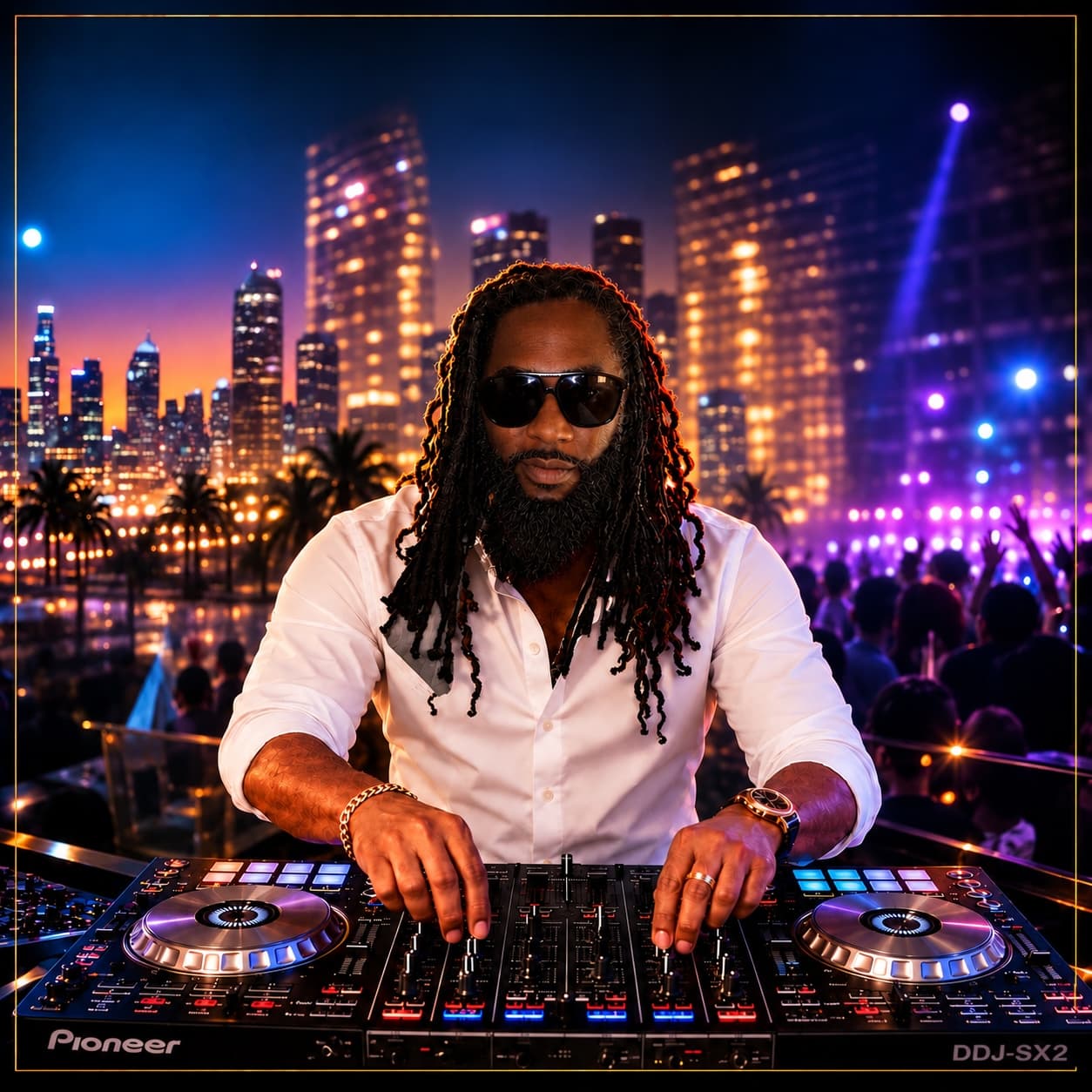 DJ Kam at the decks during a reception